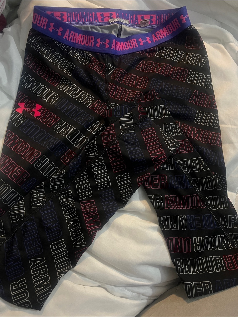 Under Armour Girls Black Leggings with Pink & Purple Waistband